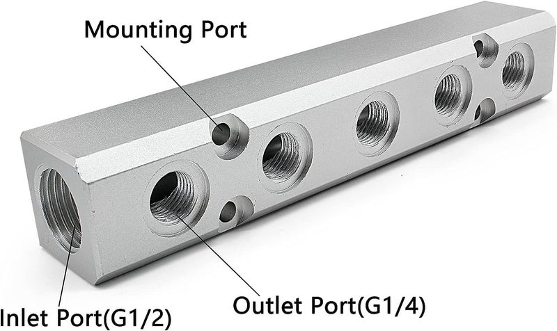 Iceyon 5 Way Pneumatic Manifold Air Distribution Block, Aluminum Alloy Air Compressor Manifold Distribution Block, G1/2 Supply Port, G1/4-Inch Output Port (5 Way 7 Port) - Image 4